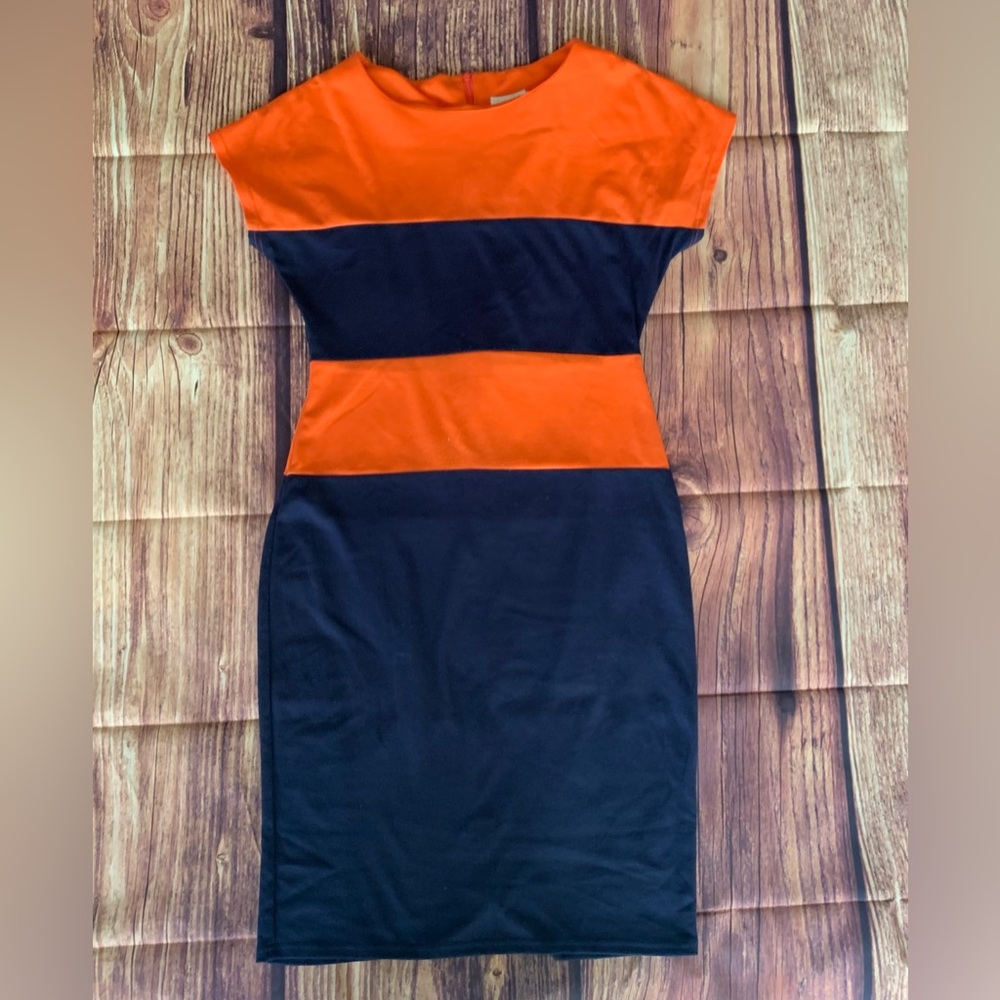 Lucky Lady Women's Short Sleeve Back Zipper Orange & Navy Blue Dress Size: XL